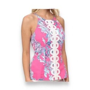 Lilly Pulitzer Annabelle Halter Top Capri Pink Samba WHITE LACE 00